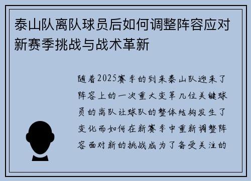 泰山队离队球员后如何调整阵容应对新赛季挑战与战术革新
